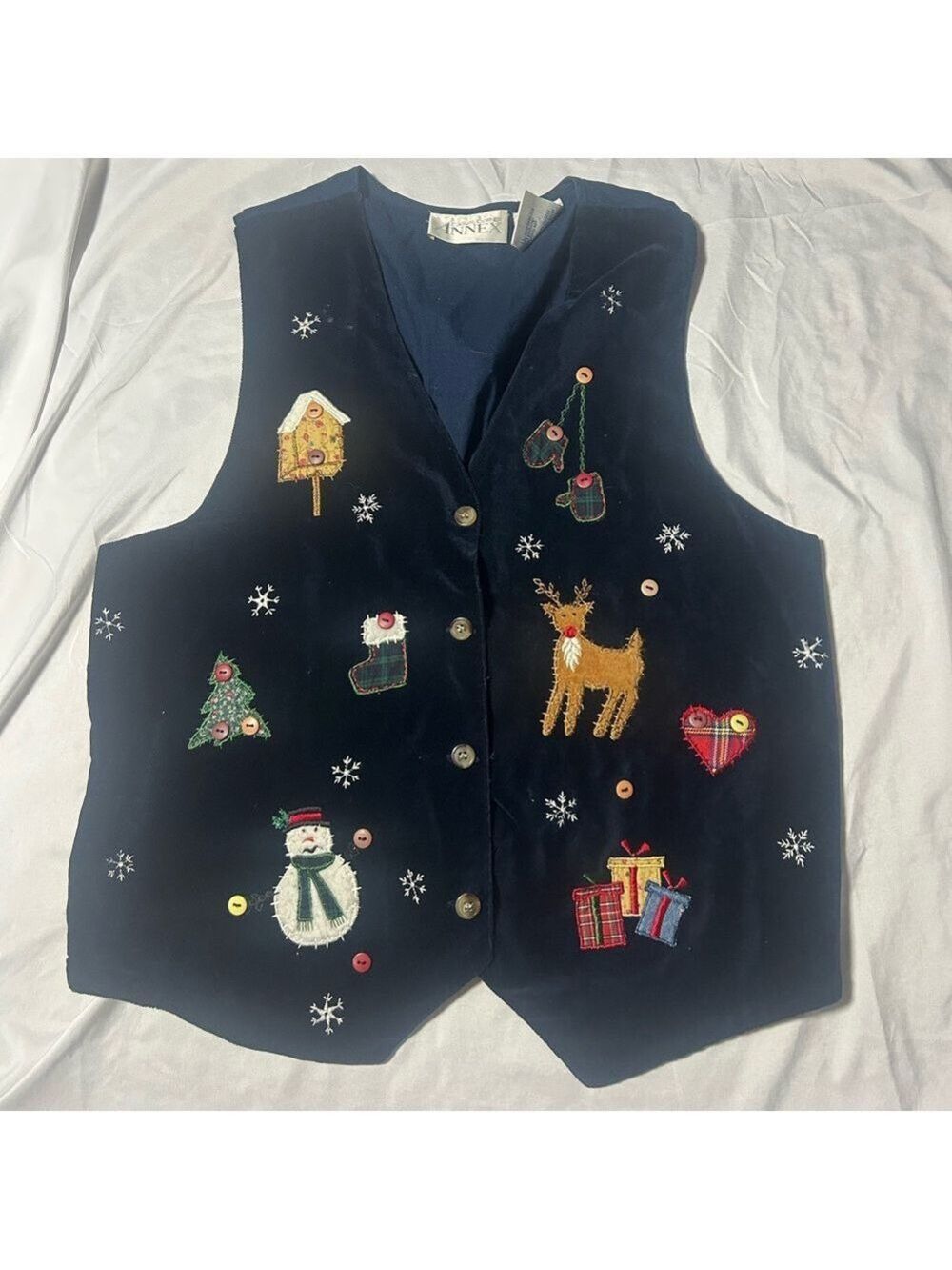 Womens Christmas Vest Vintage Velvet Sz L Patches Button Front Casual Corner